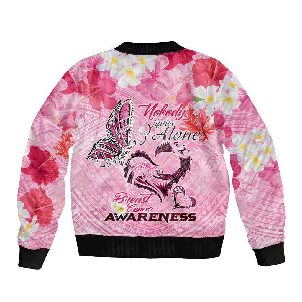 Butterfly Polynesia Breast Cancer Sleeve Zip Bomber Jacket Nobody Fights Alone Pink Out Tropical Hibiscus DT02 - Polynesian Pride