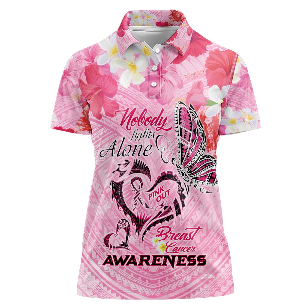 Butterfly Polynesia Breast Cancer Women Polo Shirt Nobody Fights Alone Pink Out Tropical Hibiscus