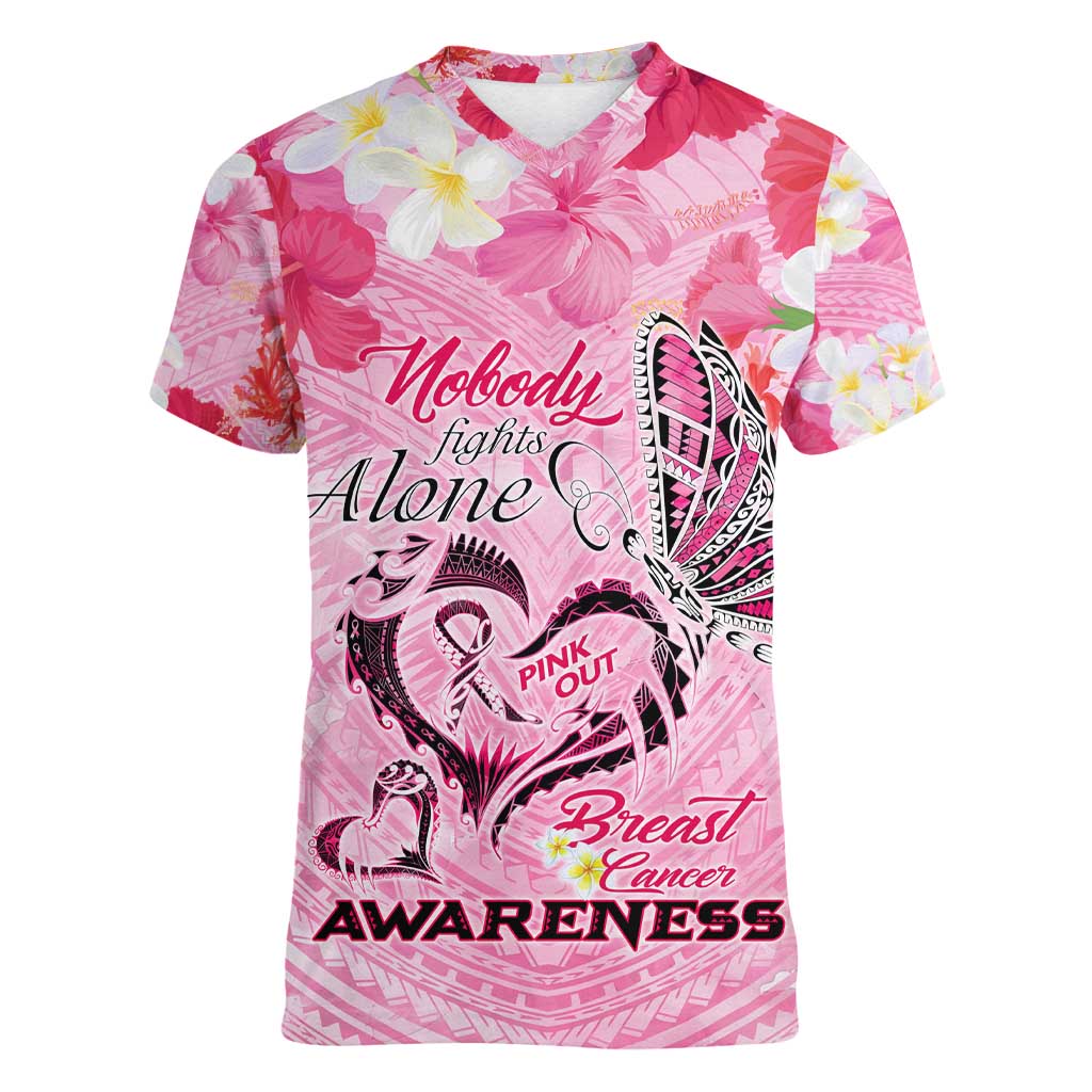 Butterfly Polynesia Breast Cancer Women V-Neck T-Shirt Nobody Fights Alone Pink Out Tropical Hibiscus DT02 Female Pink - Polynesian Pride