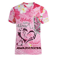 Butterfly Polynesia Breast Cancer Women V-Neck T-Shirt Nobody Fights Alone Pink Out Tropical Hibiscus DT02 Female Pink - Polynesian Pride