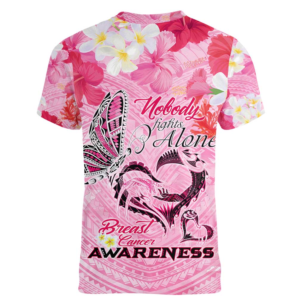 Butterfly Polynesia Breast Cancer Women V-Neck T-Shirt Nobody Fights Alone Pink Out Tropical Hibiscus DT02 - Polynesian Pride