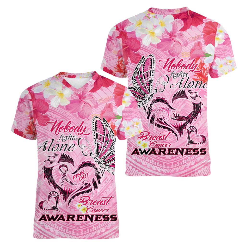 Butterfly Polynesia Breast Cancer Women V-Neck T-Shirt Nobody Fights Alone Pink Out Tropical Hibiscus DT02 - Polynesian Pride
