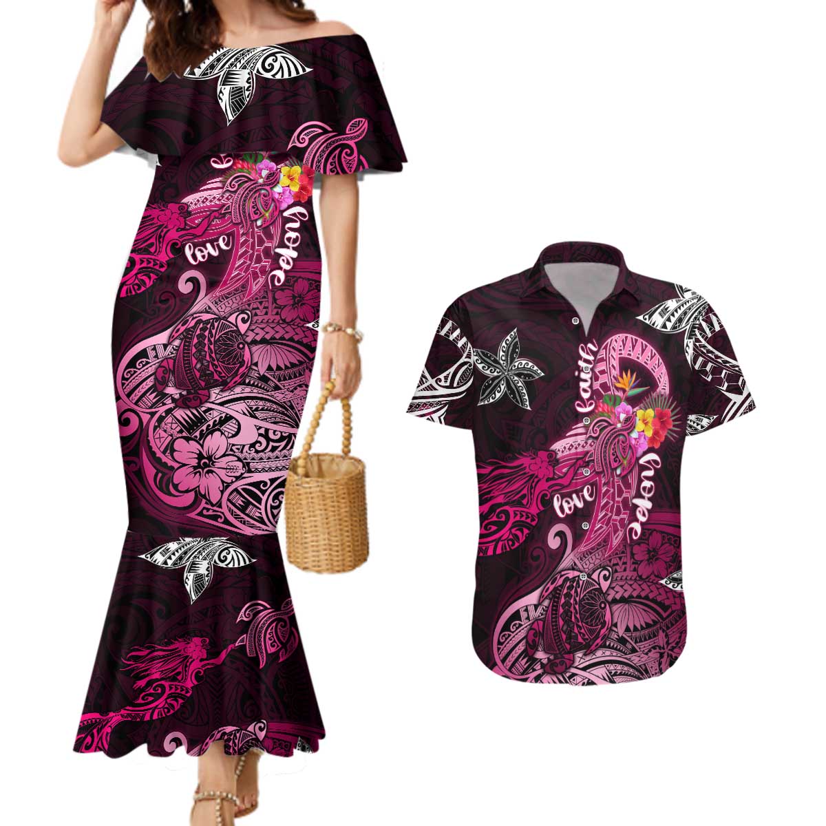 Breast Cancer Mermaid Polynesia Couples Matching Mermaid Dress and Hawaiian Shirt Faith Hope Love DT02 Pink - Polynesian Pride