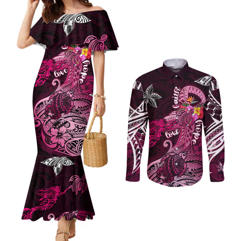 Breast Cancer Mermaid Polynesia Couples Matching Mermaid Dress and Long Sleeve Button Shirt Faith Hope Love DT02 Pink - Polynesian Pride