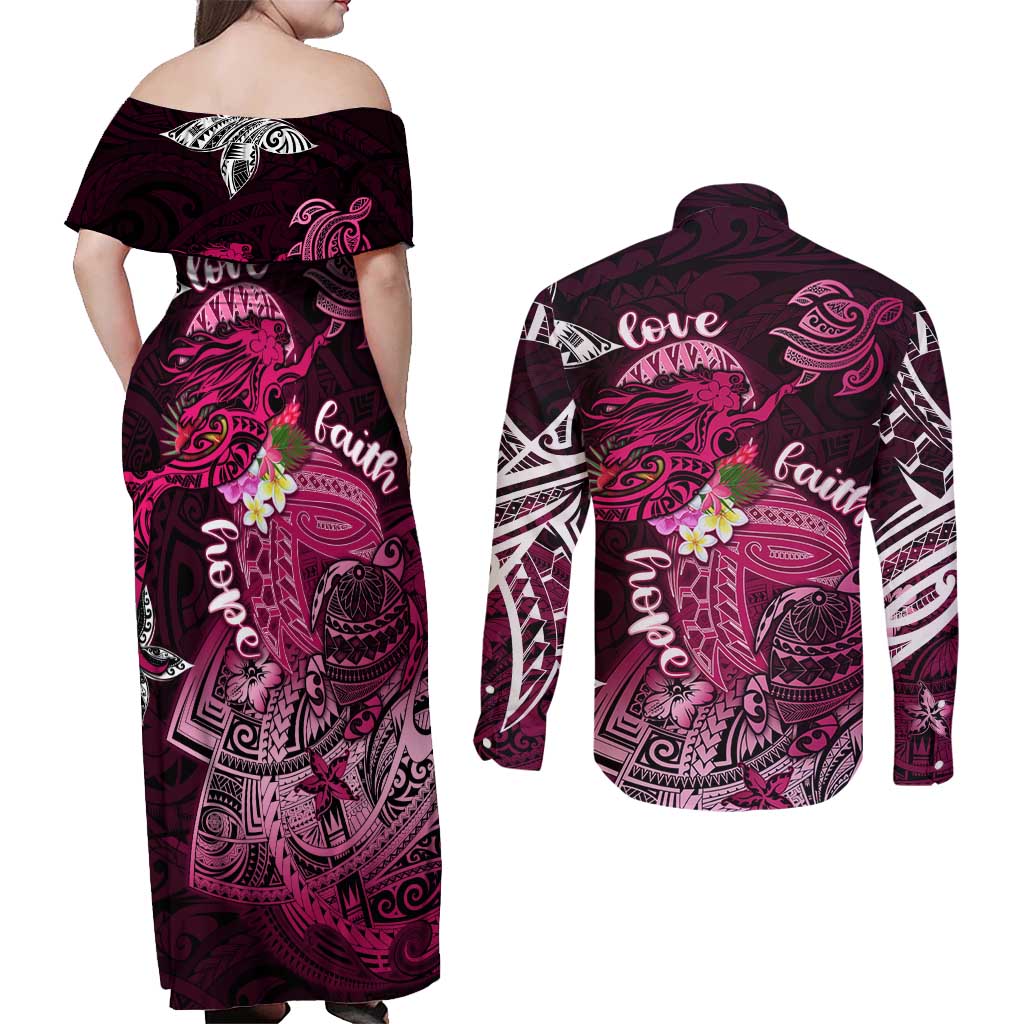 Breast Cancer Mermaid Polynesia Couples Matching Off Shoulder Maxi Dress and Long Sleeve Button Shirt Faith Hope Love DT02 - Polynesian Pride