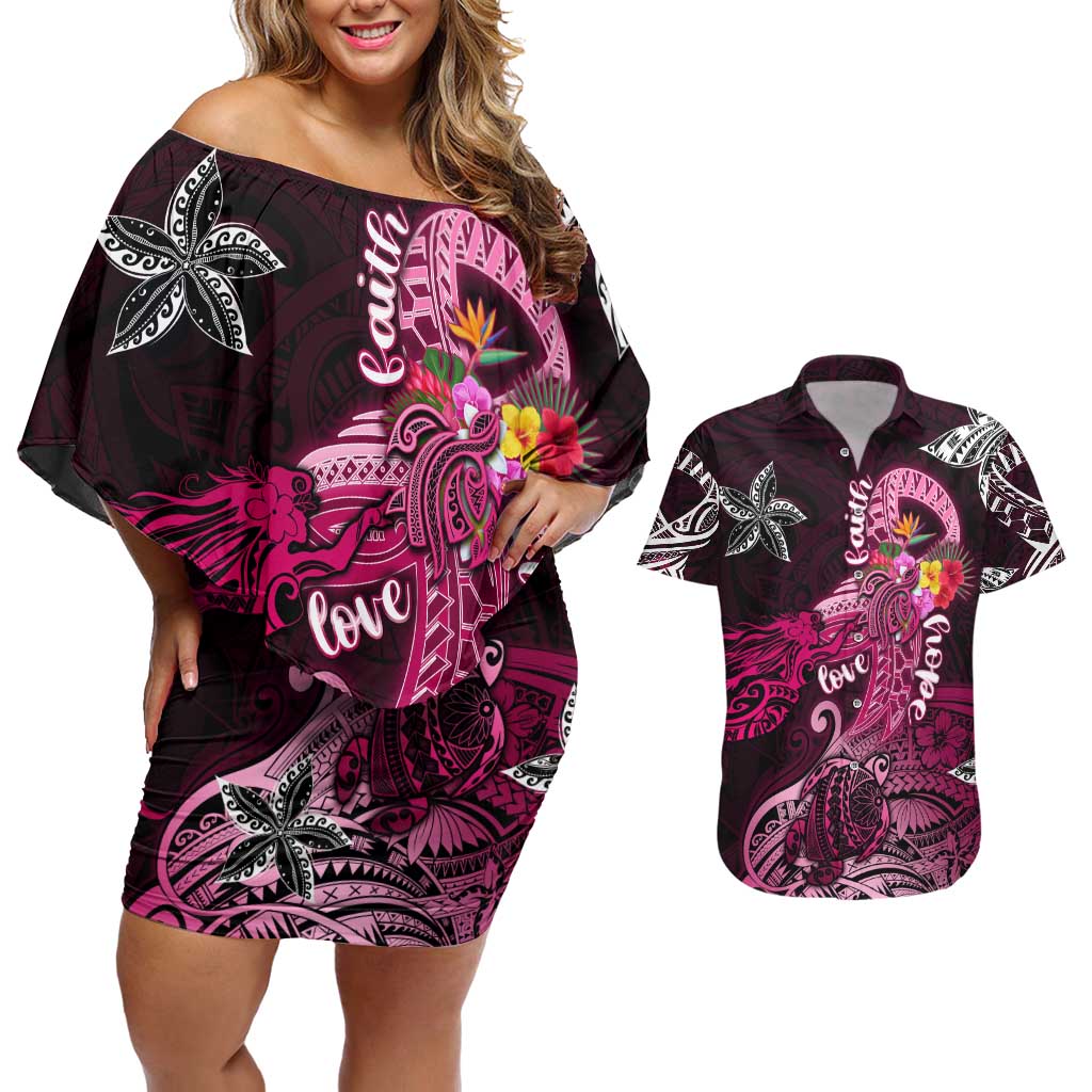 Breast Cancer Mermaid Polynesia Couples Matching Off Shoulder Short Dress and Hawaiian Shirt Faith Hope Love DT02 Pink - Polynesian Pride