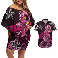 Breast Cancer Mermaid Polynesia Couples Matching Off Shoulder Short Dress and Hawaiian Shirt Faith Hope Love DT02 Pink - Polynesian Pride