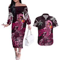 Breast Cancer Mermaid Polynesia Couples Matching Off The Shoulder Long Sleeve Dress and Hawaiian Shirt Faith Hope Love DT02 Pink - Polynesian Pride