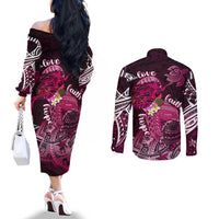 Breast Cancer Mermaid Polynesia Couples Matching Off The Shoulder Long Sleeve Dress and Long Sleeve Button Shirt Faith Hope Love DT02 - Polynesian Pride
