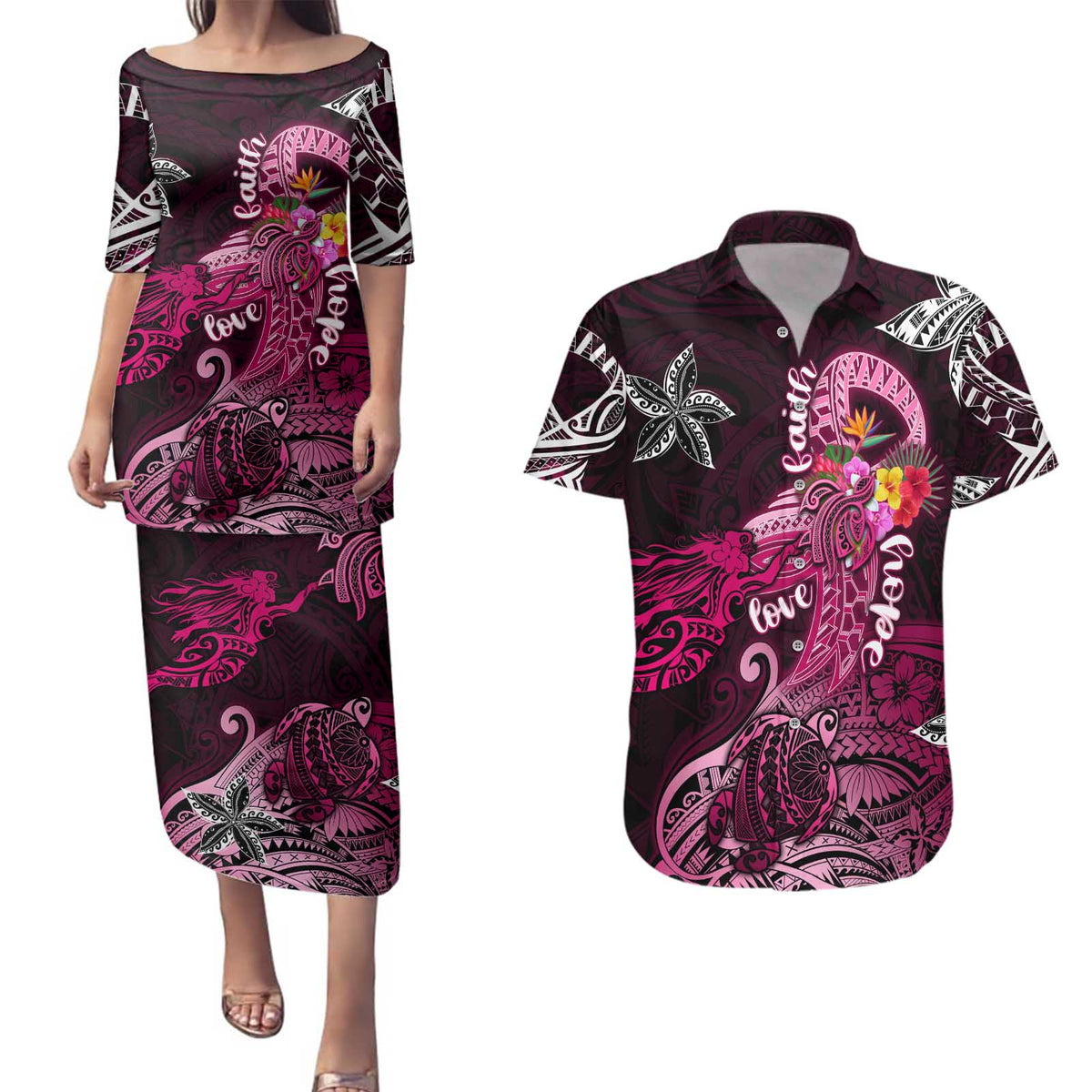 Breast Cancer Mermaid Polynesia Couples Matching Puletasi and Hawaiian Shirt Faith Hope Love DT02 Pink - Polynesian Pride