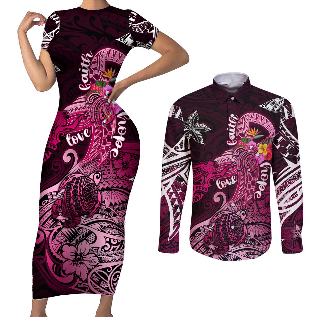 Breast Cancer Mermaid Polynesia Couples Matching Short Sleeve Bodycon Dress and Long Sleeve Button Shirt Faith Hope Love DT02 Pink - Polynesian Pride