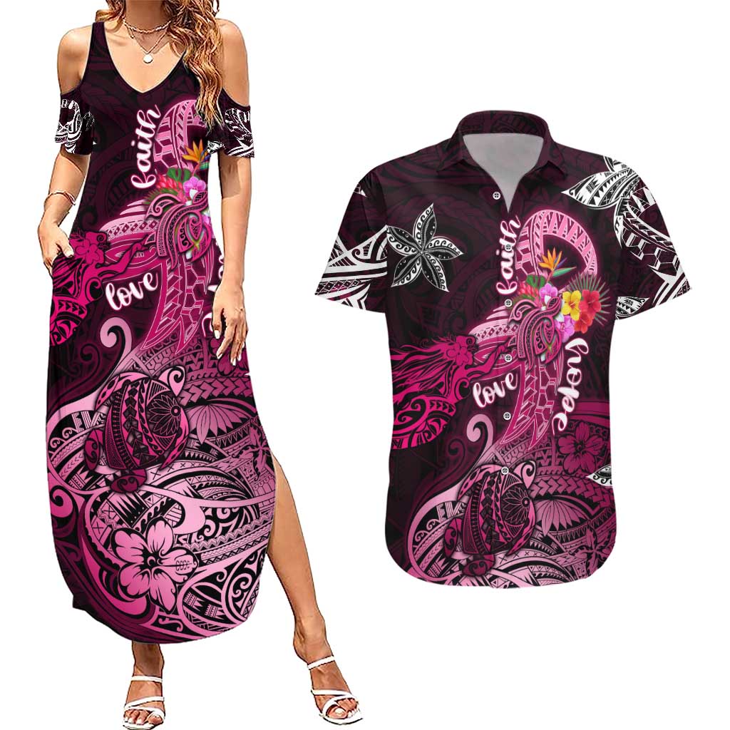 Breast Cancer Mermaid Polynesia Couples Matching Summer Maxi Dress and Hawaiian Shirt Faith Hope Love DT02 Pink - Polynesian Pride