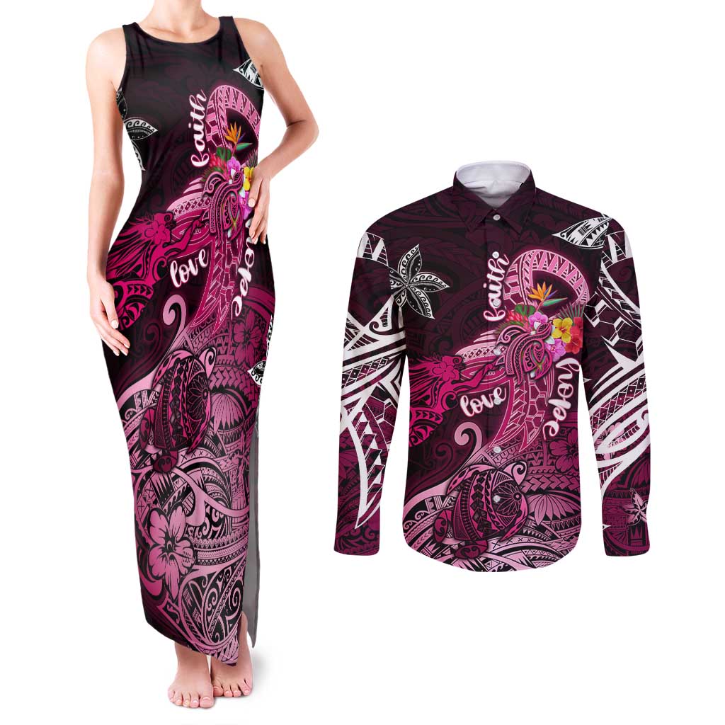 Breast Cancer Mermaid Polynesia Couples Matching Tank Maxi Dress and Long Sleeve Button Shirt Faith Hope Love DT02 Pink - Polynesian Pride