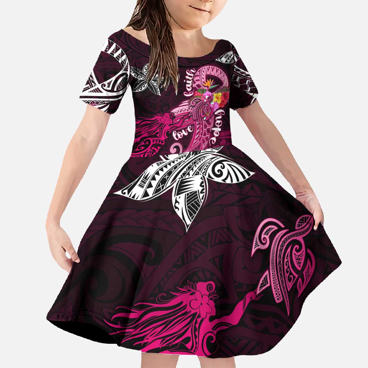 Breast Cancer Mermaid Polynesia Family Matching Off The Shoulder Long Sleeve Dress and Hawaiian Shirt Faith Hope Love DT02 Daughter's Dress Pink - Polynesian Pride