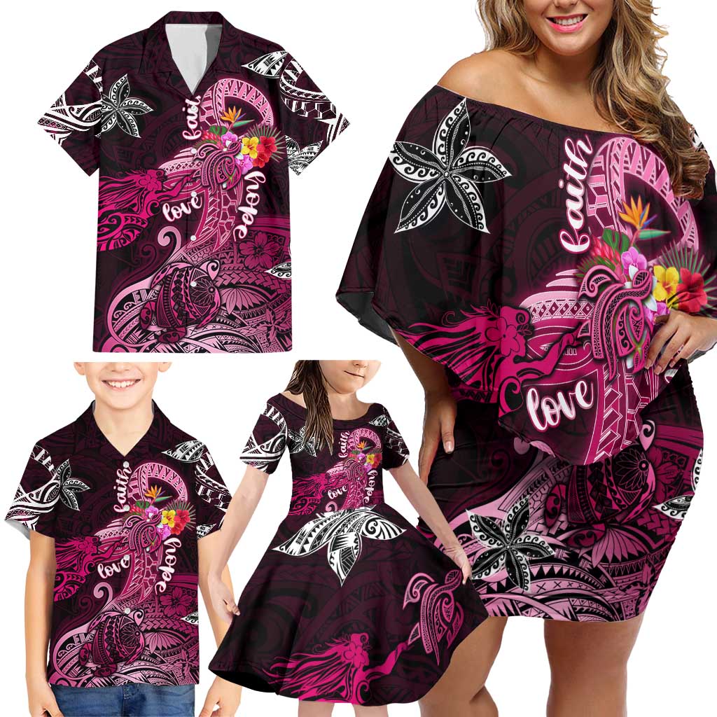 Breast Cancer Mermaid Polynesia Family Matching Off Shoulder Short Dress and Hawaiian Shirt Faith Hope Love DT02 - Polynesian Pride