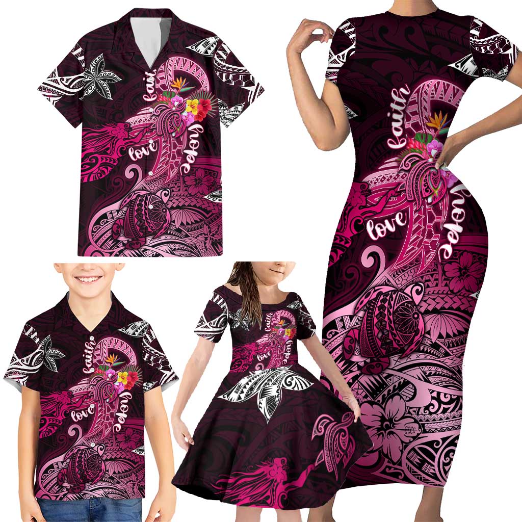 Breast Cancer Mermaid Polynesia Family Matching Short Sleeve Bodycon Dress and Hawaiian Shirt Faith Hope Love DT02 - Polynesian Pride