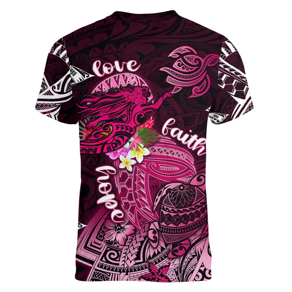 Breast Cancer Mermaid Polynesia Women V-Neck T-Shirt Faith Hope Love DT02 - Polynesian Pride