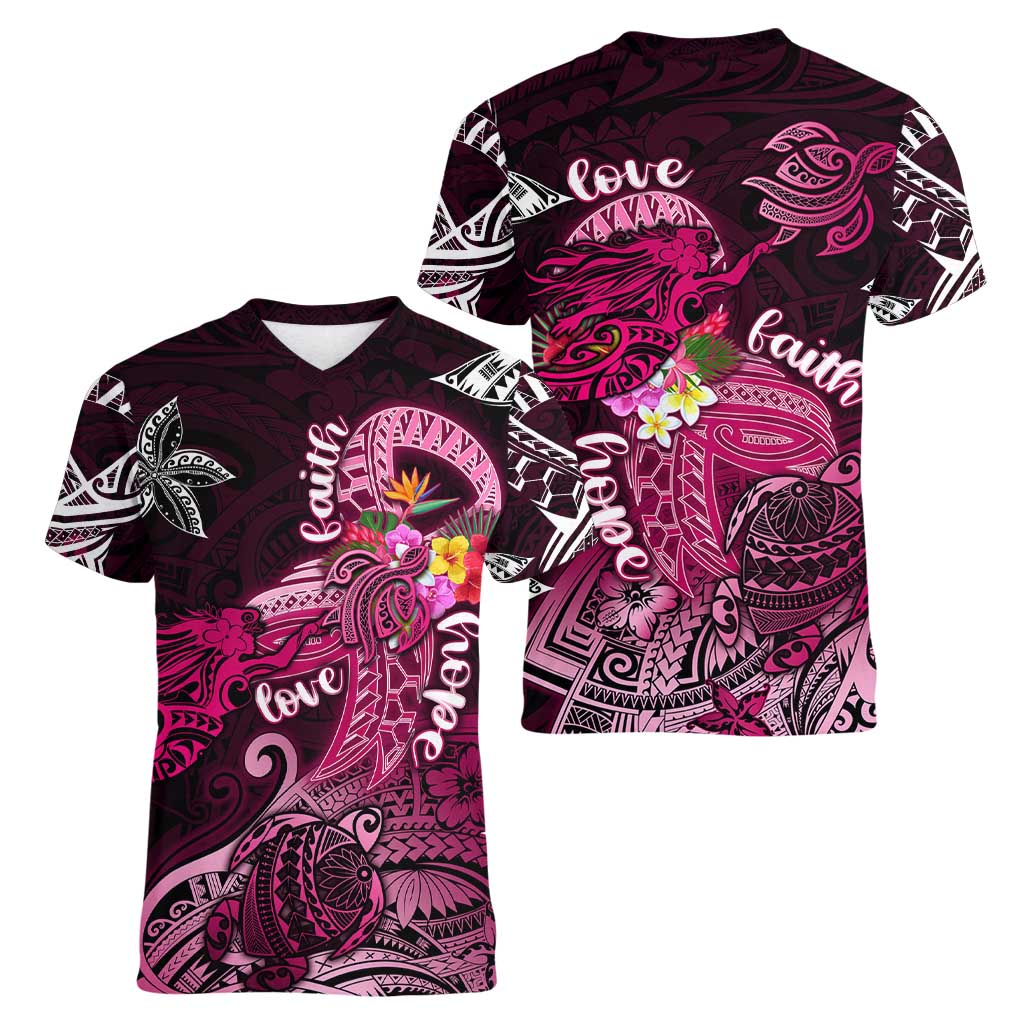 Breast Cancer Mermaid Polynesia Women V-Neck T-Shirt Faith Hope Love DT02 - Polynesian Pride