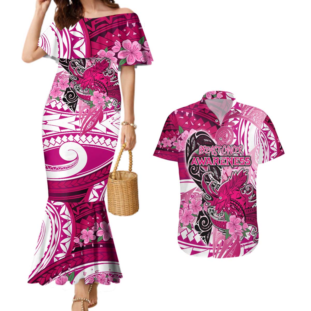 Breast Cancer Awareness Hawaii Couples Matching Mermaid Dress and Hawaiian Shirt Polynesia Girl Nobody Fights Alone
