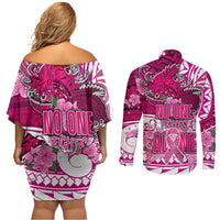 Breast Cancer Awareness Hawaii Couples Matching Off Shoulder Short Dress and Long Sleeve Button Shirt Polynesia Girl Nobody Fights Alone