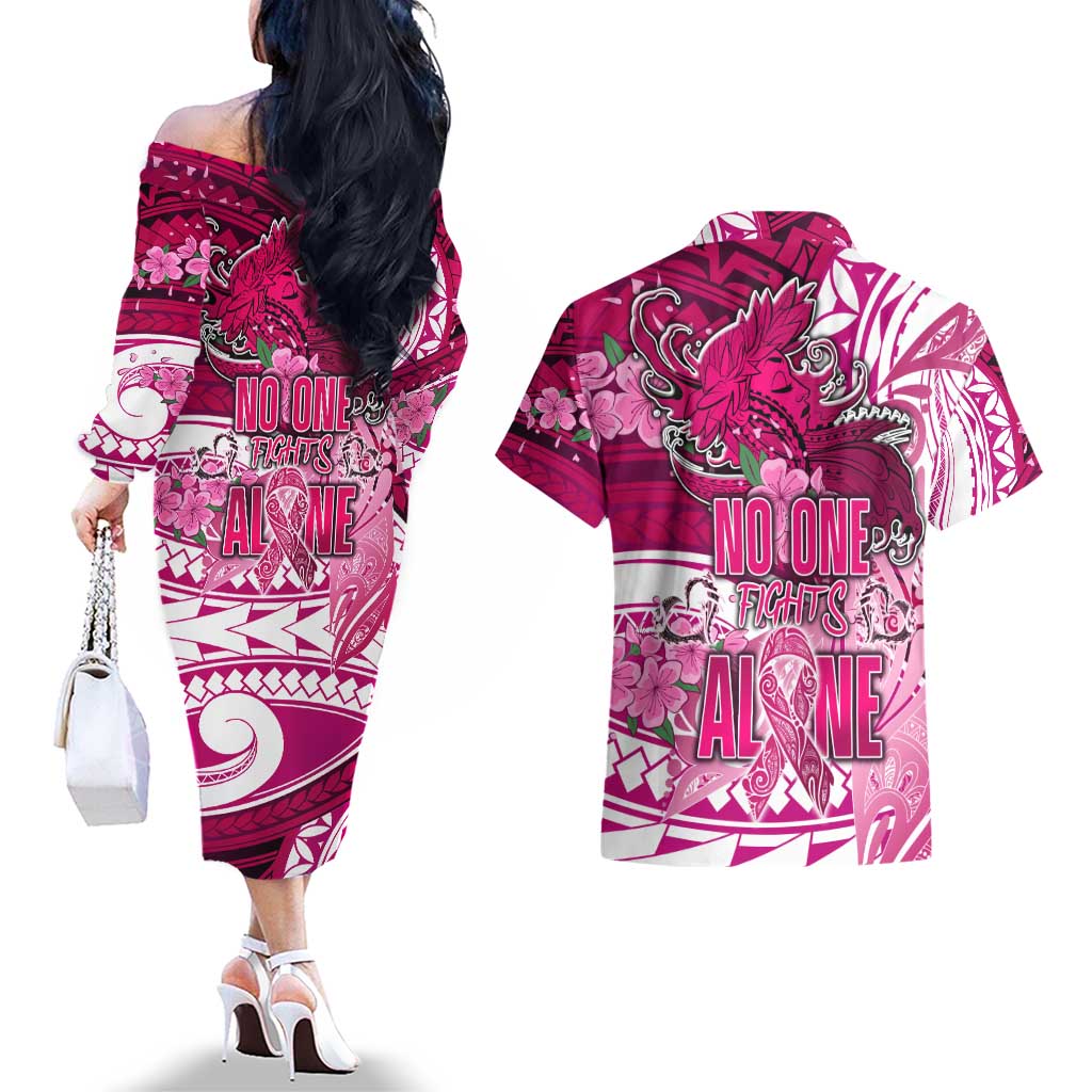 Breast Cancer Awareness Hawaii Couples Matching Off The Shoulder Long Sleeve Dress and Hawaiian Shirt Polynesia Girl Nobody Fights Alone