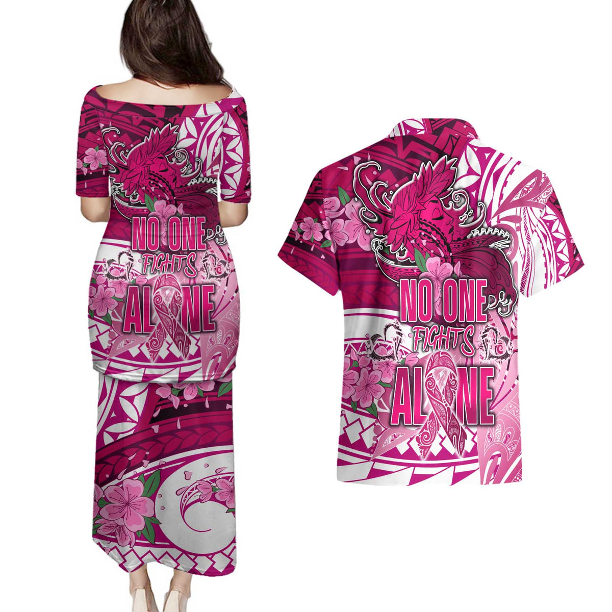 Breast Cancer Awareness Hawaii Couples Matching Puletasi and Hawaiian Shirt Polynesia Girl Nobody Fights Alone