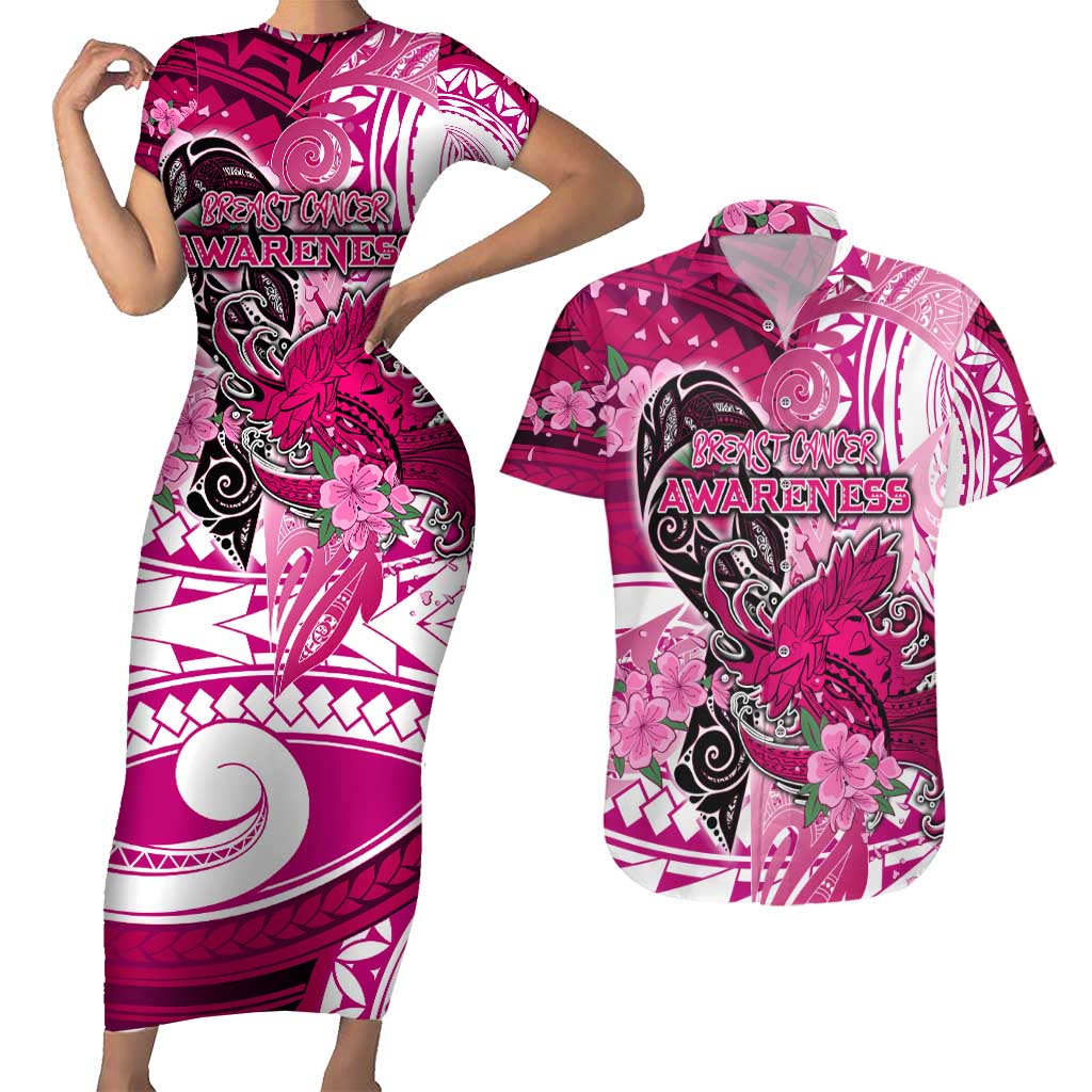 Breast Cancer Awareness Hawaii Couples Matching Short Sleeve Bodycon Dress and Hawaiian Shirt Polynesia Girl Nobody Fights Alone