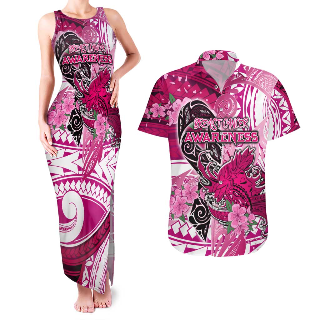 Breast Cancer Awareness Hawaii Couples Matching Tank Maxi Dress and Hawaiian Shirt Polynesia Girl Nobody Fights Alone