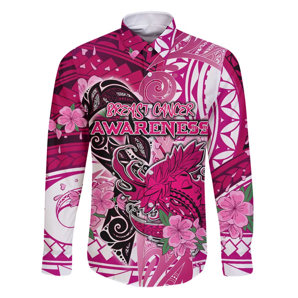 Breast Cancer Awareness Hawaii Family Matching Mermaid Dress and Hawaiian Shirt Polynesia Girl Nobody Fights Alone DT02 Dad's Shirt - Long Sleeve Pink - Polynesian Pride