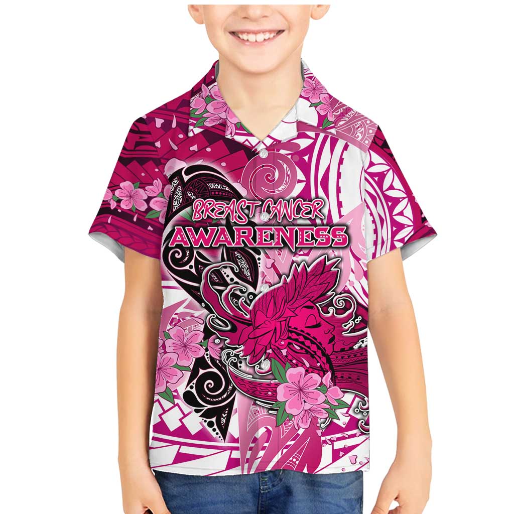 Breast Cancer Awareness Hawaii Family Matching Mermaid Dress and Hawaiian Shirt Polynesia Girl Nobody Fights Alone DT02 Son's Shirt Pink - Polynesian Pride
