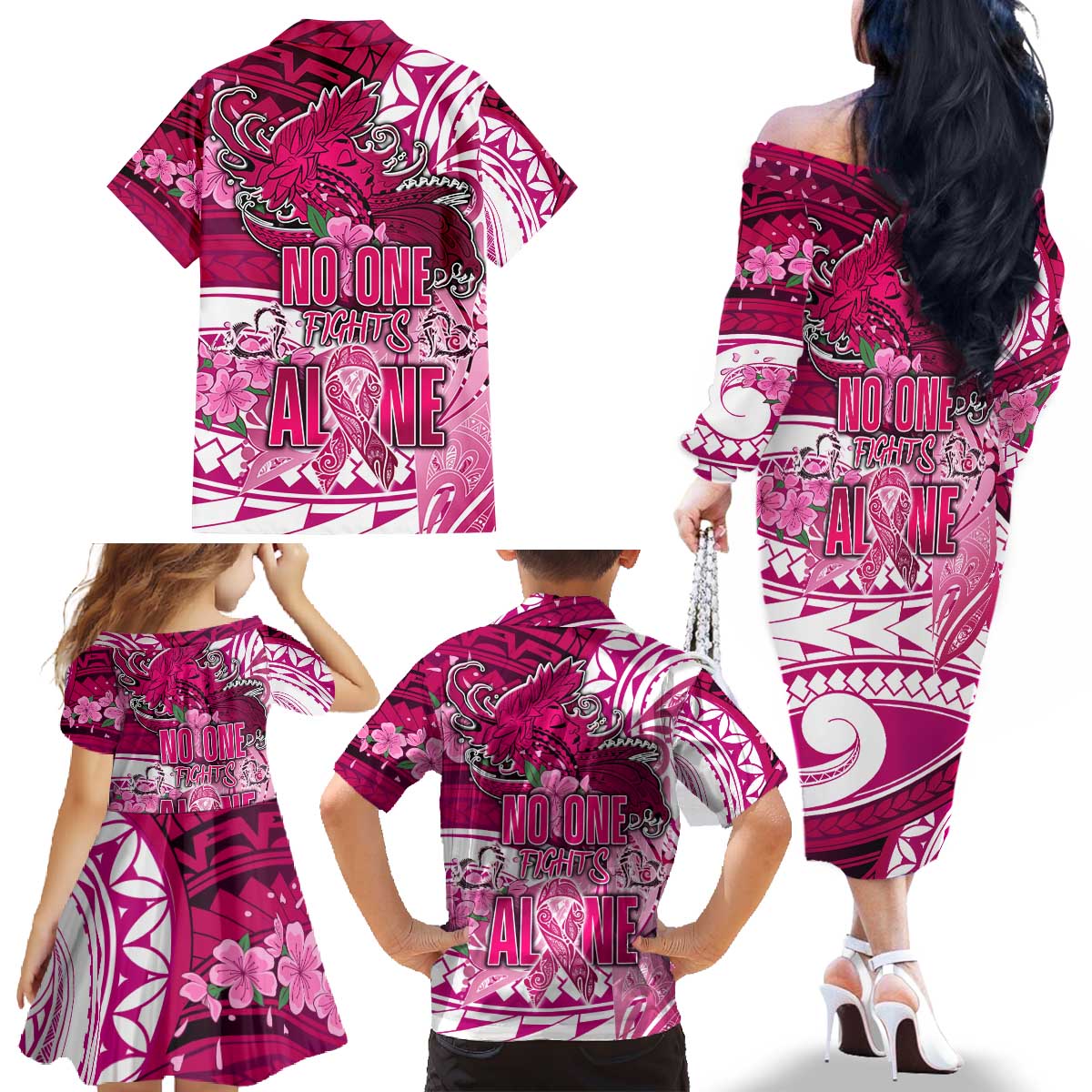 Breast Cancer Awareness Hawaii Family Matching Off The Shoulder Long Sleeve Dress and Hawaiian Shirt Polynesia Girl Nobody Fights Alone