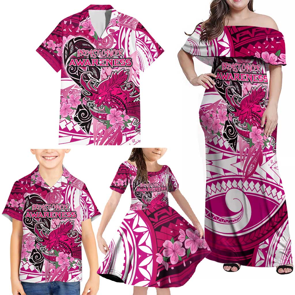Breast Cancer Awareness Hawaii Family Matching Off Shoulder Maxi Dress and Hawaiian Shirt Polynesia Girl Nobody Fights Alone DT02 - Polynesian Pride