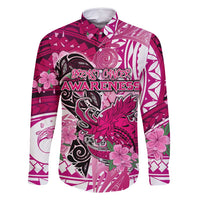 Breast Cancer Awareness Hawaii Family Matching Off Shoulder Maxi Dress and Hawaiian Shirt Polynesia Girl Nobody Fights Alone DT02 Dad's Shirt - Long Sleeve Pink - Polynesian Pride
