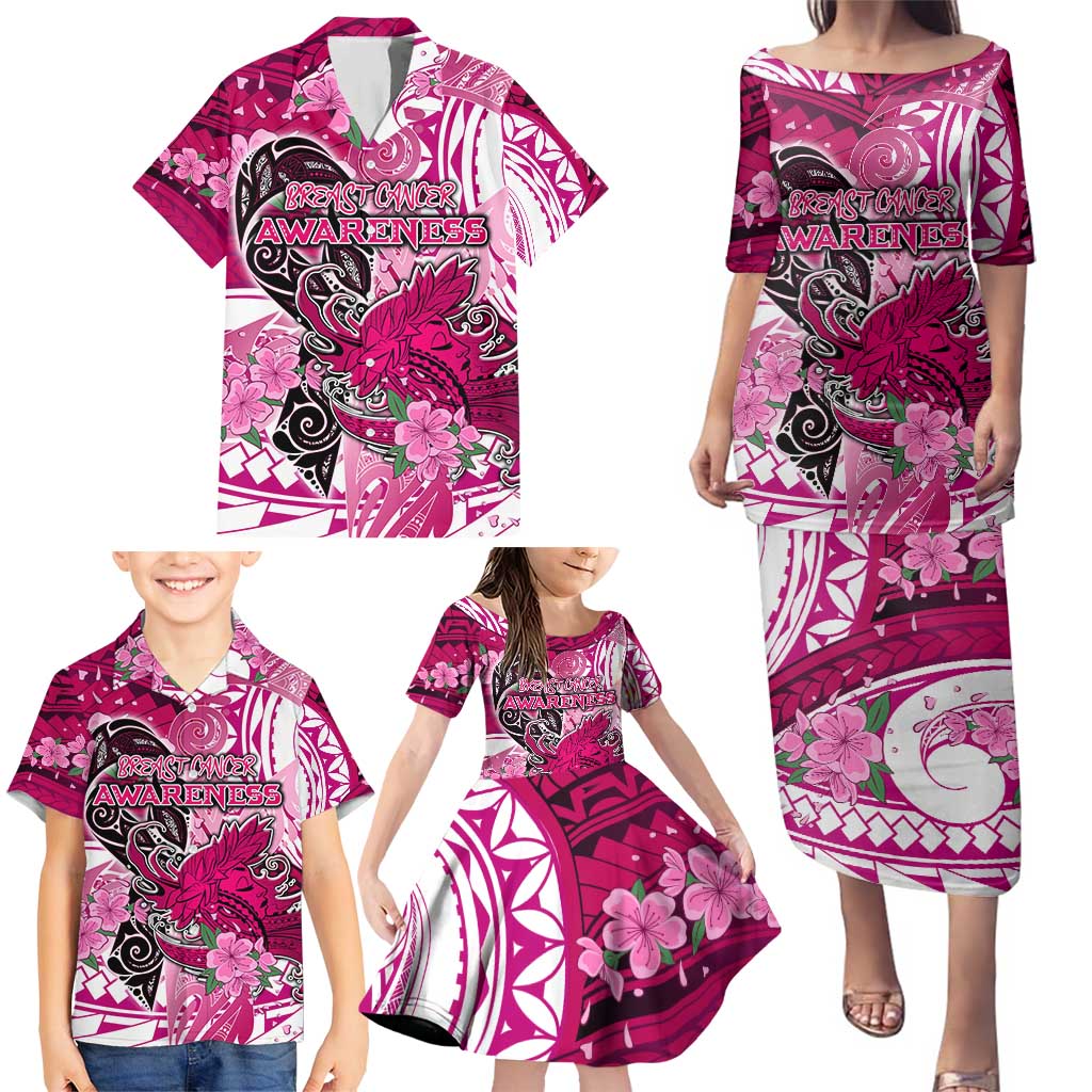 Breast Cancer Awareness Hawaii Family Matching Puletasi and Hawaiian Shirt Polynesia Girl Nobody Fights Alone
