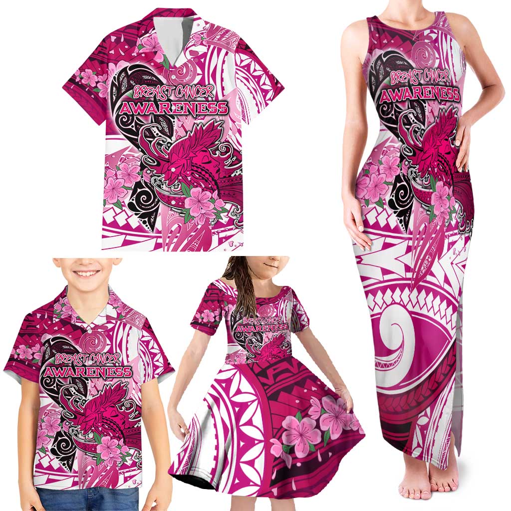 Breast Cancer Awareness Hawaii Family Matching Tank Maxi Dress and Hawaiian Shirt Polynesia Girl Nobody Fights Alone