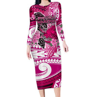 Breast Cancer Awareness Hawaii Long Sleeve Bodycon Dress Polynesia Girl Nobody Fights Alone