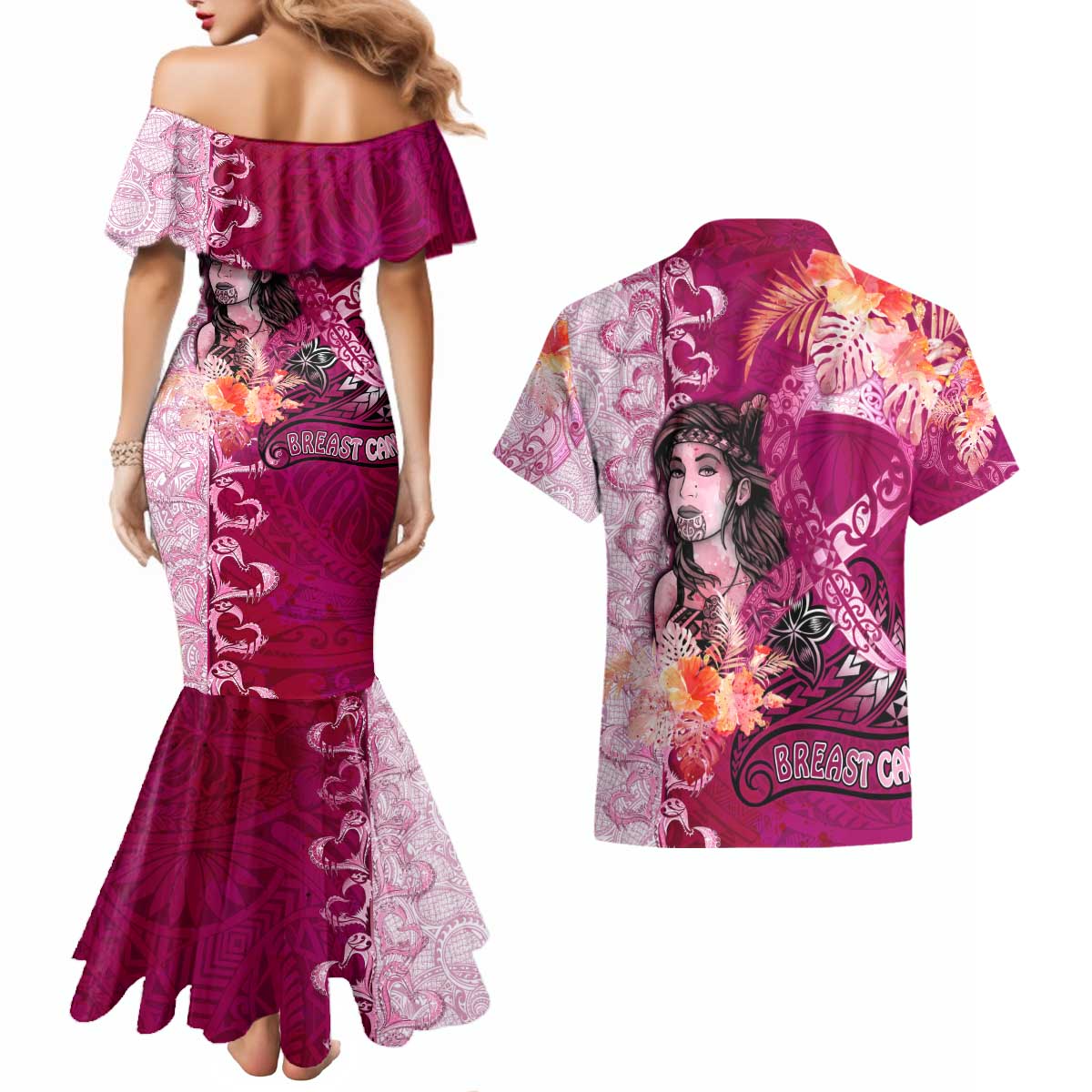 Breast Cancer New Zealand Couples Matching Mermaid Dress and Hawaiian Shirt Maori Aotearoa Girl Pink Out DT02 - Polynesian Pride