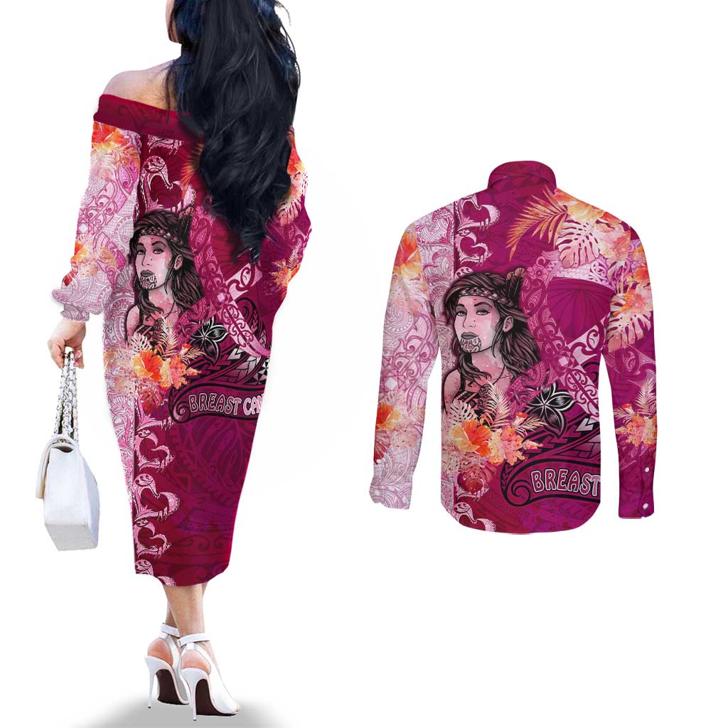 Breast Cancer New Zealand Couples Matching Off The Shoulder Long Sleeve Dress and Long Sleeve Button Shirt Maori Aotearoa Girl Pink Out DT02 - Polynesian Pride