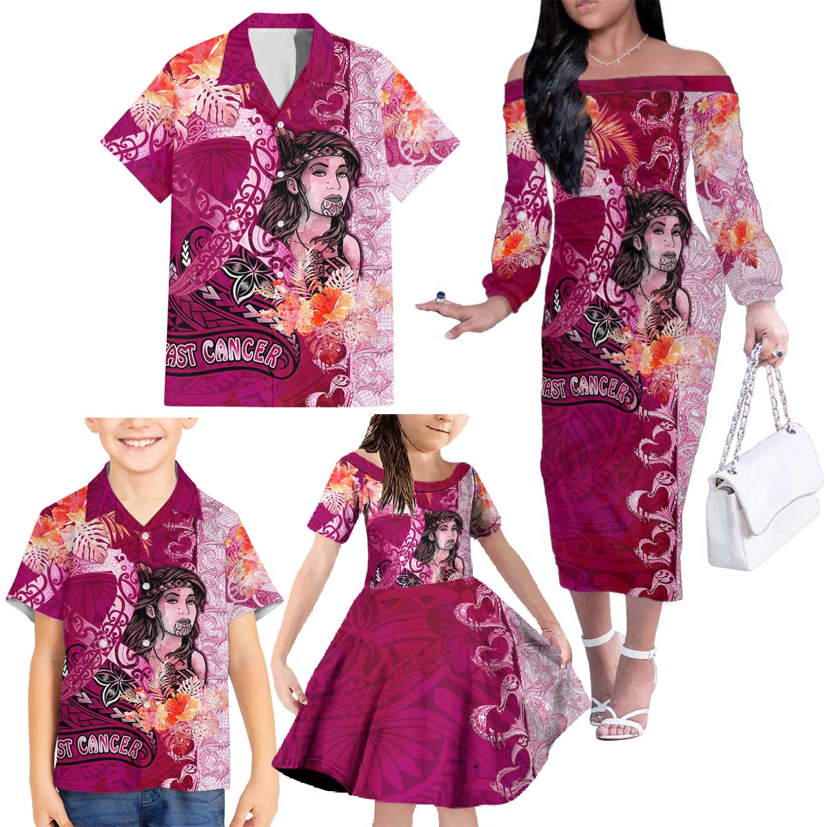 Breast Cancer New Zealand Family Matching Off The Shoulder Long Sleeve Dress and Hawaiian Shirt Maori Aotearoa Girl Pink Out DT02 - Polynesian Pride