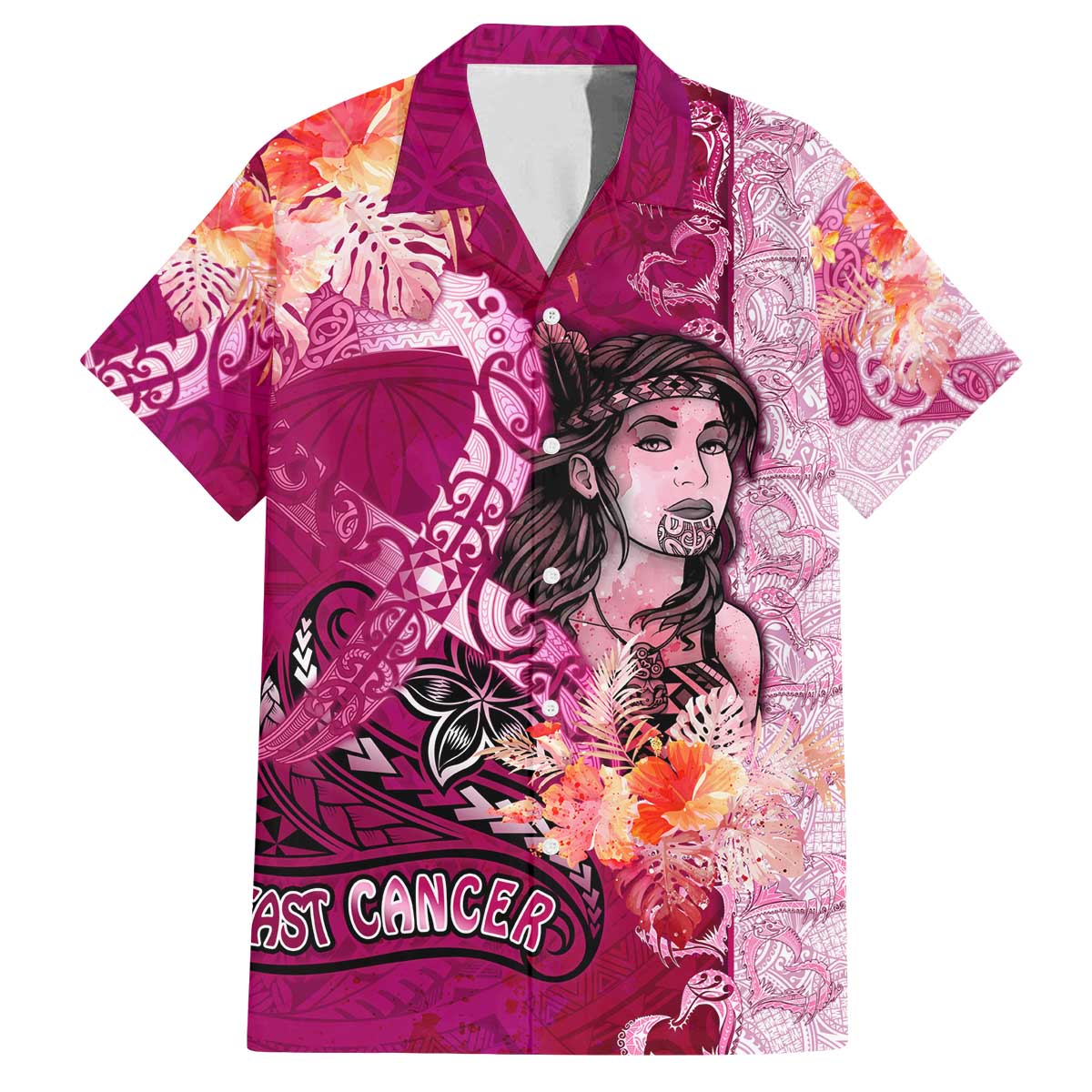 Breast Cancer New Zealand Family Matching Off The Shoulder Long Sleeve Dress and Hawaiian Shirt Maori Aotearoa Girl Pink Out DT02 Dad's Shirt - Short Sleeve Pink - Polynesian Pride