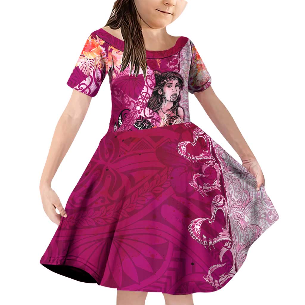 Breast Cancer New Zealand Family Matching Off Shoulder Short Dress and Hawaiian Shirt Maori Aotearoa Girl Pink Out DT02 Daughter's Dress Pink - Polynesian Pride
