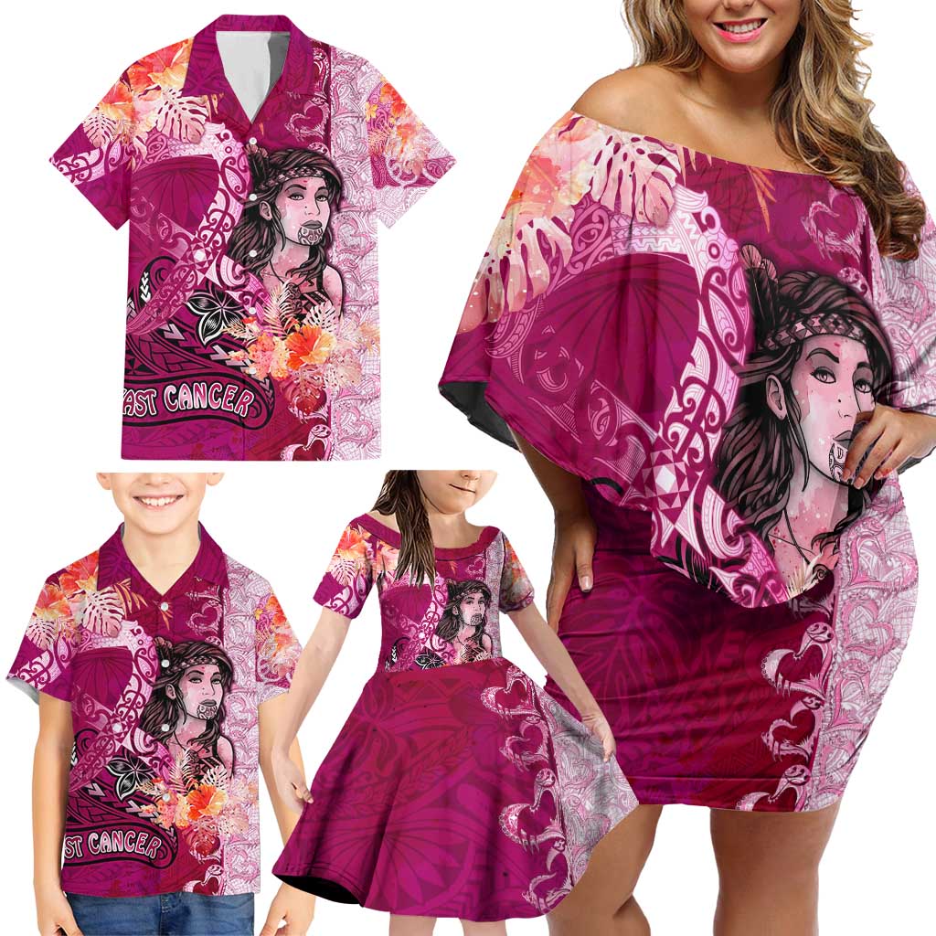 Breast Cancer New Zealand Family Matching Off Shoulder Short Dress and Hawaiian Shirt Maori Aotearoa Girl Pink Out DT02 - Polynesian Pride