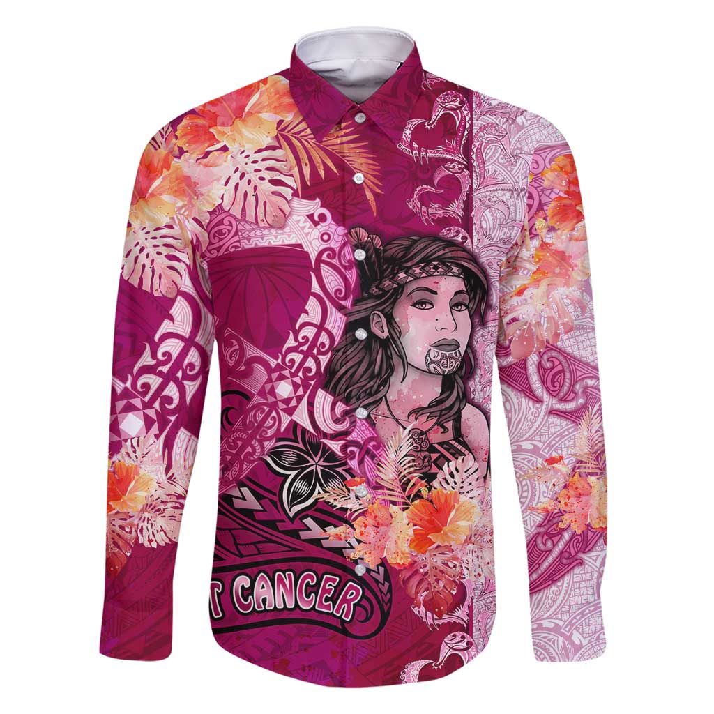 Breast Cancer New Zealand Family Matching Off Shoulder Short Dress and Hawaiian Shirt Maori Aotearoa Girl Pink Out DT02 Dad's Shirt - Long Sleeve Pink - Polynesian Pride