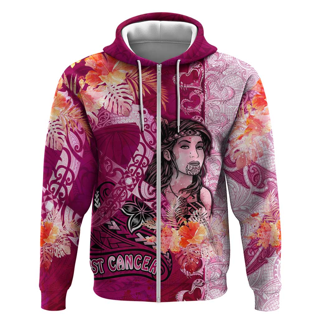 Breast Cancer New Zealand Hoodie Maori Aotearoa Girl Pink Out DT02 Zip Hoodie Pink - Polynesian Pride