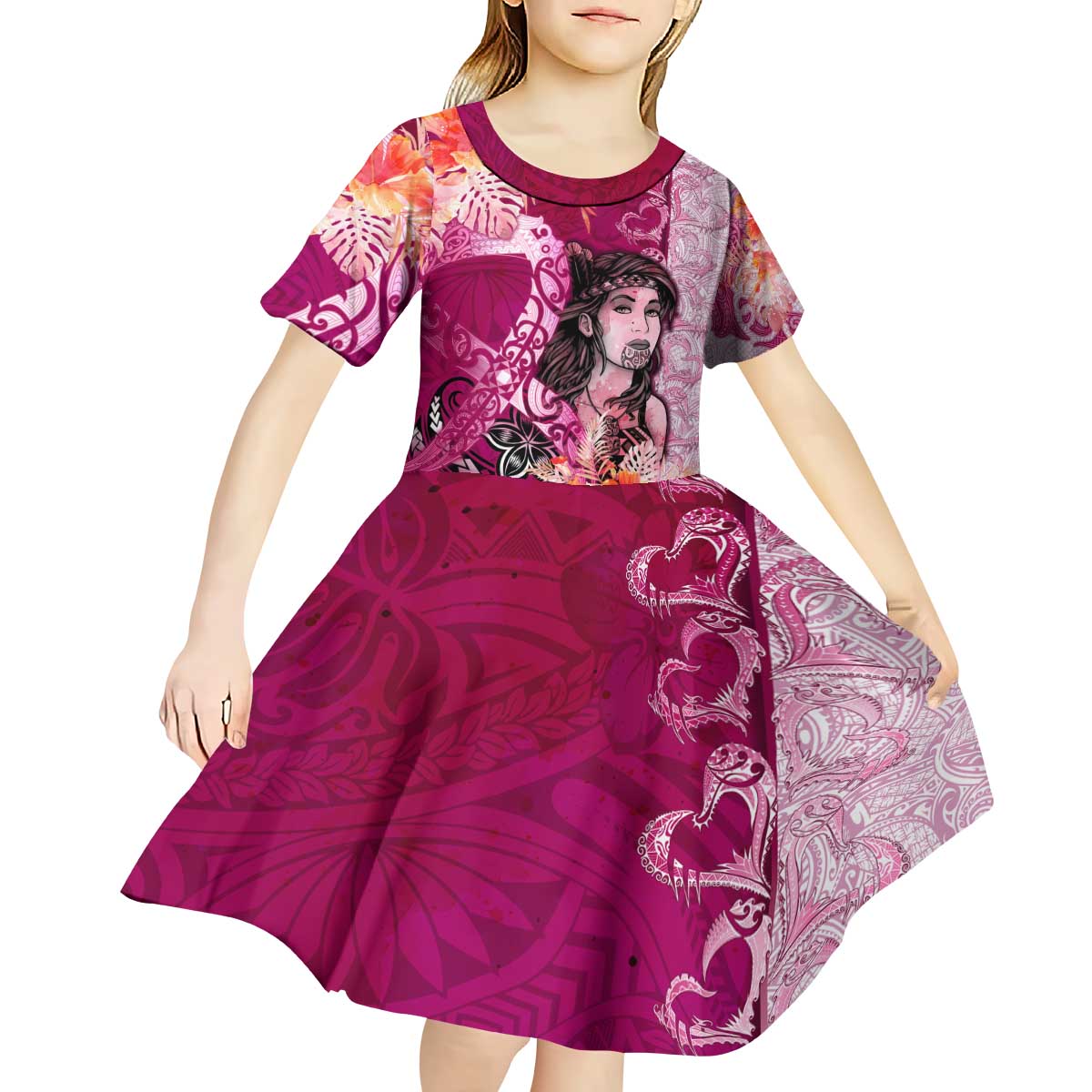 Breast Cancer New Zealand Kid Short Sleeve Dress Maori Aotearoa Girl Pink Out DT02 - Polynesian Pride