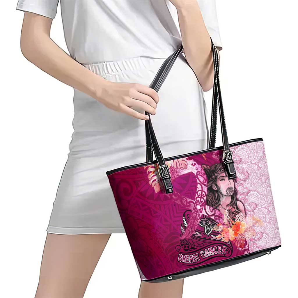 Breast Cancer New Zealand Leather Tote Bag Maori Aotearoa Girl Pink Out DT02 - Polynesian Pride