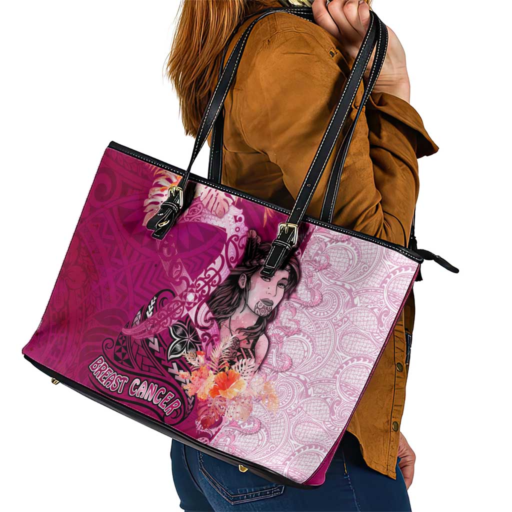 Breast Cancer New Zealand Leather Tote Bag Maori Aotearoa Girl Pink Out DT02 - Polynesian Pride