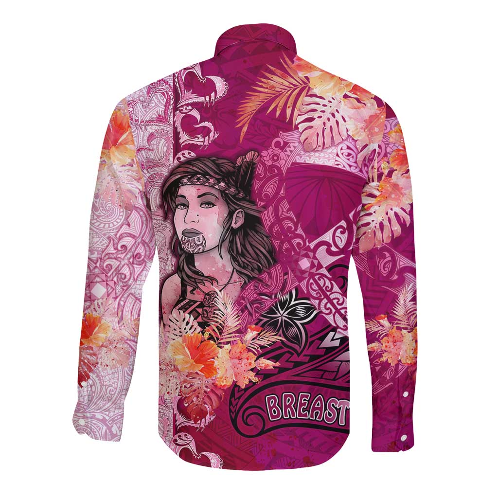 Breast Cancer New Zealand Long Sleeve Button Shirt Maori Aotearoa Girl Pink Out DT02 - Polynesian Pride