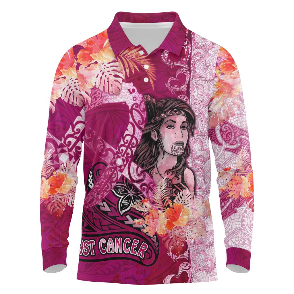 Breast Cancer New Zealand Long Sleeve Polo Shirt Maori Aotearoa Girl Pink Out DT02 Pink - Polynesian Pride