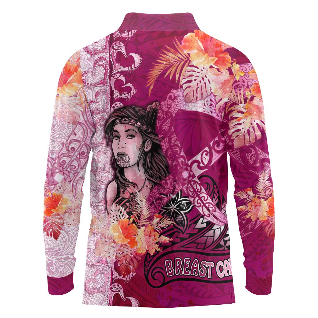 Breast Cancer New Zealand Long Sleeve Polo Shirt Maori Aotearoa Girl Pink Out DT02 - Polynesian Pride